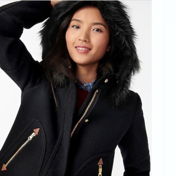 J. Crew Stadium Wool Chateau Parka Coat Black Hooded Faux Fur Trim Size 00 NEW - Picture 2 of 7